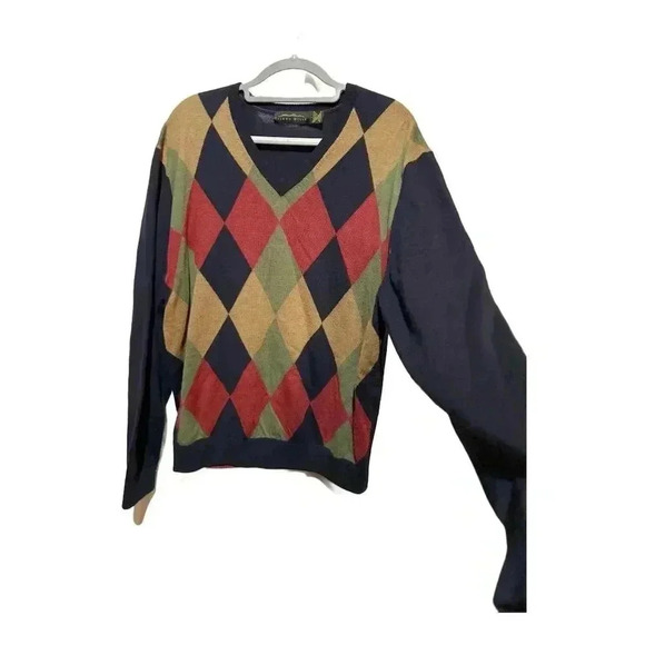 Eildon Hills Argyle Extrafine Merino Wool VNeck Sweater Multicolor  L Academia - Picture 2 of 9